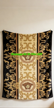Versace Black and Gold Baroque Medusa Print Flannel Throw Blanket IMG_1469